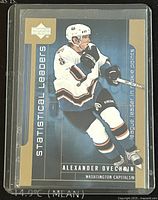 Front side of 2006-7 Upper Deck Alexander Ovechkin Capitals hockey card in protective sleeve, showing player image and statistical leaders text.