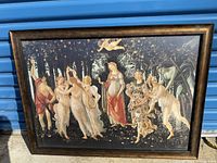 Full view of the framed print showing the scene of dancing Greek gods and goddesses in a natural setting with trees.