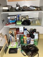 Shelf with assorted hardware items including boxes of nails, screws, cans of pest control sprays and glue, Dremel tool box, pest traps, and a Sony Walkman device.
