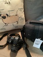 Camera body with attached Nikon strap, Lowepro camera bag and pug cushion on surface