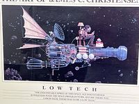 Close-up photo of James C. Christensen's artwork showing whimsical spacecraft flying through space.