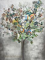 Close-up of colorful poster print showing whimsical tree, leaves, and figures under glass.