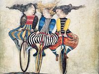 Close-up of the art print depicting three women on unicycles in colorful outfits, showing details of the artwork.