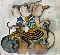 Close-up of "Promenade a Trois" print showing three stylized figures riding circular shapes, colors in earth tones and patterns.