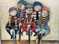 Close-up of the art print showing five cyclists in colorful striped jerseys and helmets in stylized artistic form.