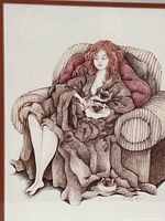 Close-up of the print showing the woman sitting on the armchair with two cats.