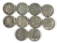 Top view of ten silver Roosevelt dimes showing obverse side with Roosevelt profile and coin dates.