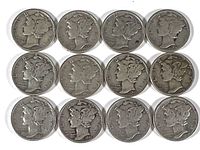 Twelve Mercury Silver Dimes obverse side showing Liberty's profile dated 1916, 1938, 1941, 1944, and others