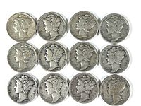 Top side (obverse) of 12 Mercury dimes showing Liberty profile wearing winged cap.