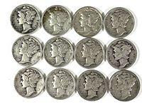 Obverse side of 12 Mercury silver dimes showing Liberty profile with dates mainly from 1920s to 1940s.
