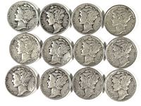 Obverse side view of 12 Mercury dimes showing Liberty's winged head profile.