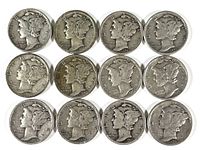 Obverse side showing Liberty head profile on 12 Mercury dimes with dates visible on several coins.