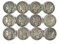 Obverse view of 12 Mercury dimes showing Liberty's profile