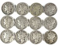 Obverse view showing the winged Liberty head on 12 Mercury silver dimes in circulated condition.