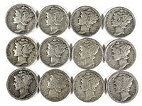 Obverse view of 12 Mercury silver dimes displaying Liberty's profile with winged cap dated between 1916-1945.