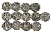 Obverse sides of 13 Mercury silver dimes showing Liberty's winged cap profile.