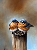 Close-up of the painting showing detailed brushwork of the two bluebirds perched on a post.