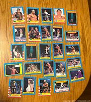 Front side of the 25 WWF wrestling cards laid out showing various wrestlers and action scenes. Cards have blue borders with red and yellow details.