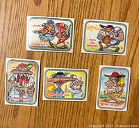 Five 1973 Donruss Super Freaks baseball cards with caricature artwork, colorful and exaggerated baseball players' images with names on the front.