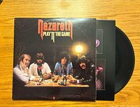 Front cover of the Nazareth album 'Play 'n' The Game' showing band members around a table with drinks and cards.