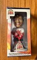 Front view of Peter Mahovlich bobblehead inside original box, showing hand painted figure in Team Canada 1972 hockey uniform.