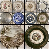 Photo showing all 10 plates with diverse vintage designs including floral, blue and white patterns, and scenic countryside images