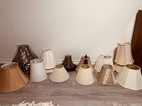 Twelve assorted lampshades in various shapes and sizes arranged on floor