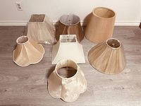 Eight lampshades arranged on floor showing various shapes and colors in beige and cream tones, some pleated, scalloped, conical, and square shaped.