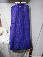 Full view of the purple sleeping bag hanging vertically, showing its rectangular shape and general size.