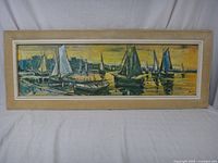 Full view of the vintage framed print depicting harbor with sailboats during evening light, showing overall condition and size.
