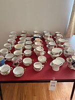 Overhead view of multiple vintage porcelain tea cups and accessories on a red tablecloth arranged symmetrically