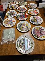 Full set of 12 porcelain plates with floral designs arranged on wooden table, showing all plates from a top view, along with an original pamphlet or certificate in original packaging.