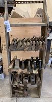 3-tier wooden wall-hanging shelf loaded with assorted wooden and metal planes