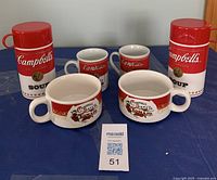 Full set of 6 items: 2 Campbell's Soup thermos containers, 2 mugs, 2 larger soup bowls with Campbell's Soup Co. Tomato Soup design.