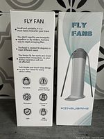 Photo of the front and side packaging of the fly fan box showing features: portable, noiseless, chemical free, USB charging, safe, and emergency power storage. Brand Kingubang visible.