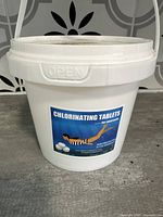 Front view of white plastic 1 lb bucket container with label stating 'Chlorinating Tablets for small pools'.