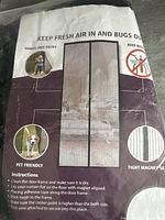 Packaging of the magnetic close screen door showing it is hands-free, pet friendly, and includes installation instructions and features like a tight magnetic seal.