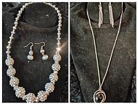 Four sets of jewelry including three necklace and earring sets and one necklace and bracelet set, displayed on black velvet.