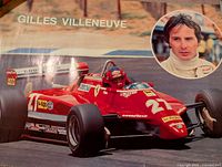 Poster of Gilles Villeneuve driving Ferrari F1 car with portrait inset of Villeneuve