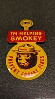 Front view of vintage Smokey The Bear metal pin showing graphic of bear face, red and yellow color scheme, text and metal fold pin back.