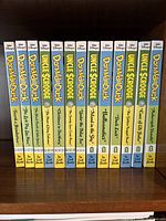 Shelf shot showing twelve hardcover volumes with alternating yellow and green spines.