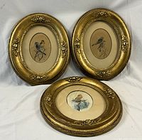 Three hand carved Victorian oval gilt frames displayed together, each with a bird watercolor painting inside, arranged on white background.