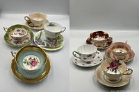 Eight teacup and saucer sets grouped