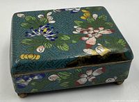 Close-up of the cloisonne trinket box showing floral enamel design, brass trim, and feet on a teal-blue background.