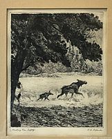 Frontal view of framed etching print showing mother moose and calf crossing water beneath overhanging tree branches.