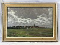 Close-up front view of framed pastel showing rural scene with cows and distant village.