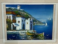 Close-up of the oil painting showing the texture and details of the harbor scene with white buildings, boats, and blue sea.