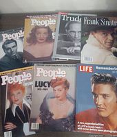 Seven celebrity magazines laid out on a flat surface, showing covers of People, Macleans, and LIFE magazines featuring Frank Sinatra, Elvis Presley and Lucille Ball.