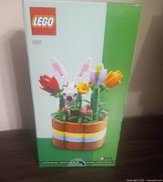 Front image of the box showing LEGO set 40587 Easter Basket with bunny and flowers and brown basket base with colored stripes