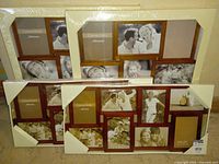Four multi-photo frames shown in two color finishes, brown wood and cream, new in shrink wrap with sample photos.